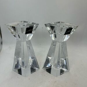 Rogaska Candle Holders Modern‎ Crystal Hexagonal Base Tapered Handmade Slovenian